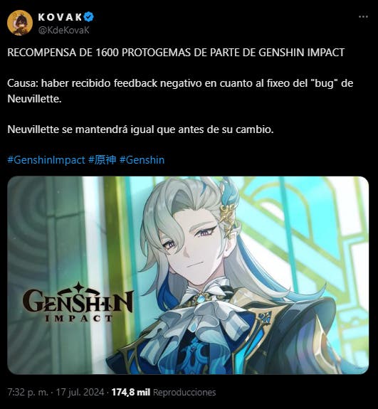 Genshin Impact te recompensará con más de 1600 protogemas por este fallo en un personaje del juego